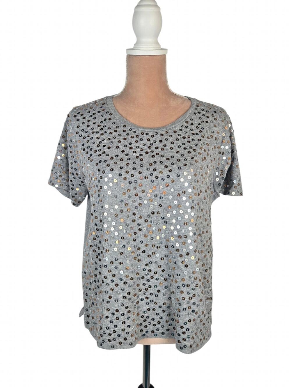 J.Crew Sequin Embellished Tee Cotton Short Sleeve Crew Neck Heather Gray L